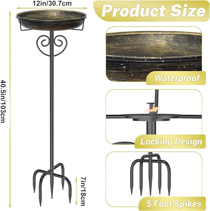 Metal Bird Bath for Outdoor, Garden Freestanding Birdbaths & Birdfeeders with Removable Bird Baths Feeder Bowl Heavy Duty 5 Prong Base for Outside Garden Patio Yard Lawn Decor (Vintage Gold)