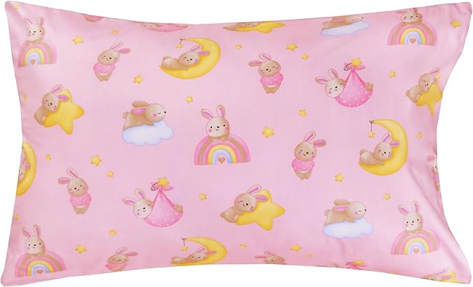 Scientific Sleep Pink Bunny Moon Star Cute Fun 100% Cotton Cozy Twin Bed Sheet Set, Flat Sheet & Fitted Sheet & Pillowcase Natural Bedding Set