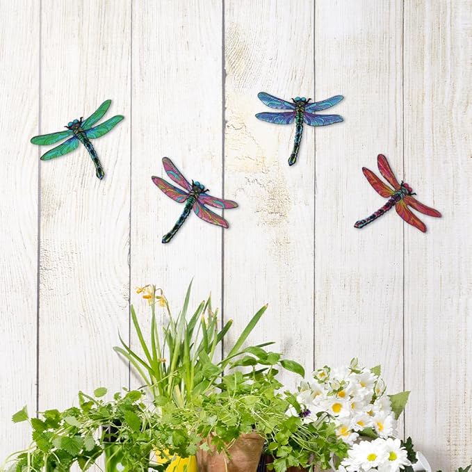 dreamskip Metal Dragonfly Wall Decor Art, 4 Pack Colorful Metal Dragonflies Outdoor Wall Art, Hand Painted Outdoor Wall Decor For Garden, Yard, Fence, Patio, Outside, Living Room Decoration