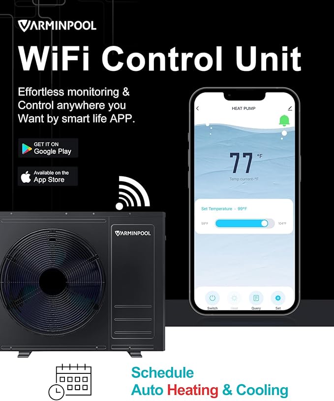 Smart WiFi Control via APP 35100 BTU Pool Heat Pump for 10000 Gals In and Above Ground Pools, Heating and Cooling Mode, Titanium Heat Exchanger, 240V