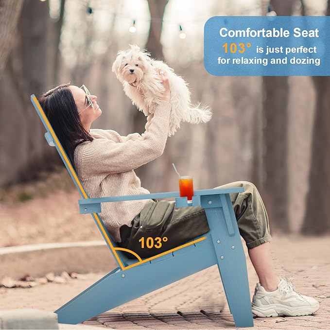 MXIMU Modern Adirondack Chairs Set of 8 Weather Resistant with Cup Holder Oversize Plastic Fire Pit Chairs Plastic Outdoor Chairs for Firepit Area Seating (Blue)