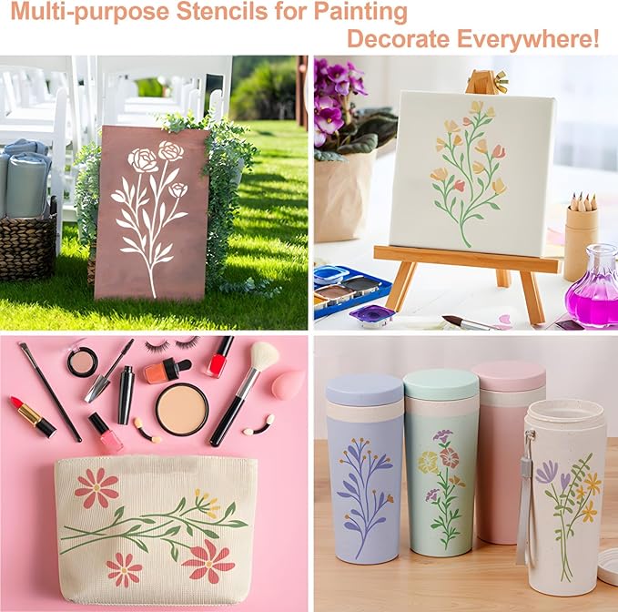 Flower Stencils for Painting, 18PCS 6x3 Inch Botanical Stencils for Crafts Reusable, Floral Drawing Templates for Wood Wall Canvas, Great for Card Making, Home Decor & DIY Projects