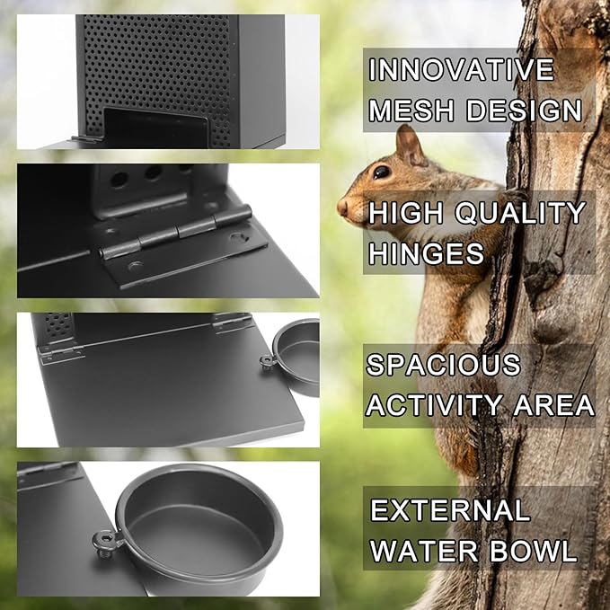 Squirrel Feeders for Outside,Squirrel Feeder with Foldable Metal Front Panel Perch Funny Metal Chipmunk House Hanging Boxes Easy to Refill