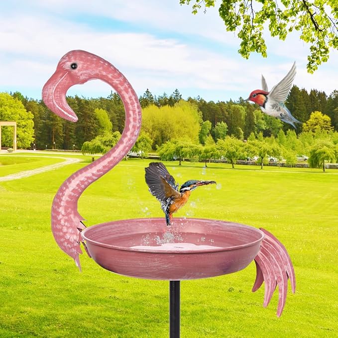 Pink Flamingo Bird Bath - 12-inch Metal Outdoor Bird Bath with 5-Prong Ground Stake, Rust-Resistant Garden Feeder for Patio Decor, Bird Lover Gift