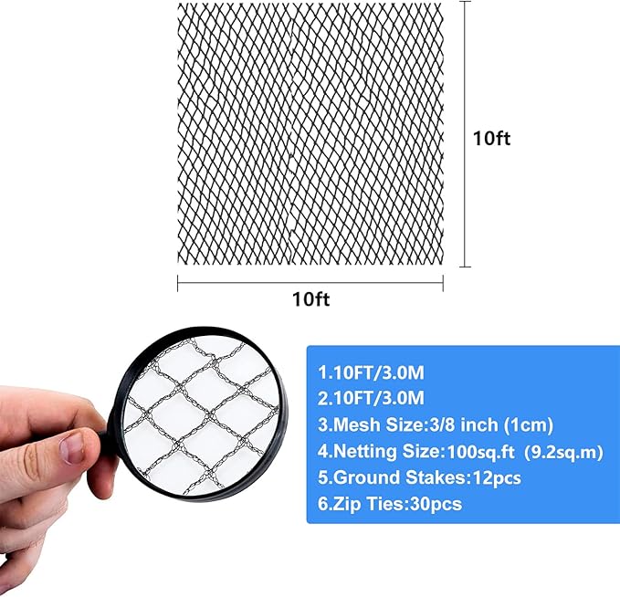 Pond Netting, 10 x 10FT Pond Net for Koi Ponds, Garden Pool Fine Mesh Pond Netting Cover for Leaves, Protects Koi Fish from Birds Cats Predators, with 12 Stakes and 30 Cable Zip Ties