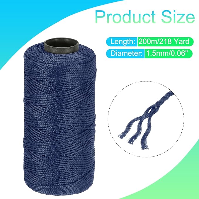 MECCANIXITY Nylon String 3 Strands Twisted Mason Line 1.5mm x 218 Yards Nylon Twine String for DIY Projects, Home Improvement, Gardening, Gift Wrapping, Christmas Party Supplies, Navy Blue
