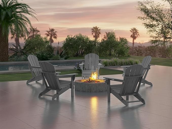 Ciokea Folding Adirondack Chair 6 Pack, Patio Adirondack Chair Weather Resistant, Plastic Fire Pit Chair with Cup Holder, Lawn Chair for Outdoor Porch Garden Backyard Deck (Grey)