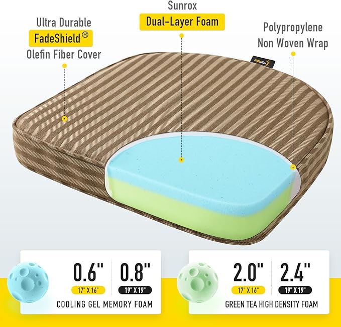 SUNROX Gel Memory Foam Chair Cushions, FadeShield Water-, Stain-Resistant Durable Reversible Seat Cushion Pads with Ties for Indoor/Outdoor Kitchen Dining Office 17"x16" Set of 4, Cocoa Stripe
