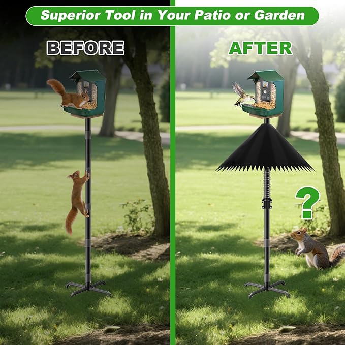 Squirrel Baffle for Bird Feeder Pole, Outdoor Squirrel Guard with Stainless Steel Spring for Shepherd's Hook, Squirrel Stopper for Bird Houses, 19 inch Black