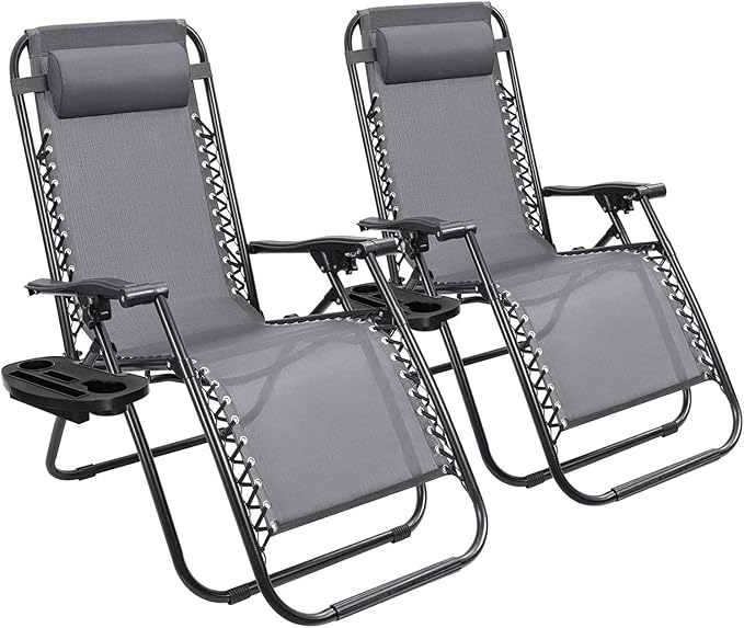 Devoko Patio Zero Gravity Chair Outdoor Folding Adjustable Reclining Chairs Pool Side Using Lawn Lounge Chair with Pillow Set of 2 (Grey)