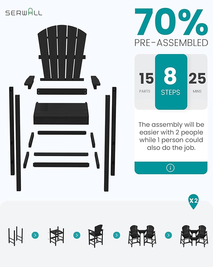 SERWALL Tall Adirondack Chairs Set of 2 with Double Layer Connecting Tray, HDPE Bar Height Outdoor Chairs, Wood-Like Adirondack Bar Stools for Patio, Balcony, Porch, Black