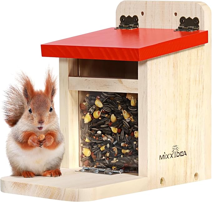 MIXXIDEA Squirrel Feeders for Outside Garden, Wooden Squirrel Feeder Box,Squirrel Feeding Stations with Green Cover, Easy to FillSquirrel Feeding House(Red-1pk)
