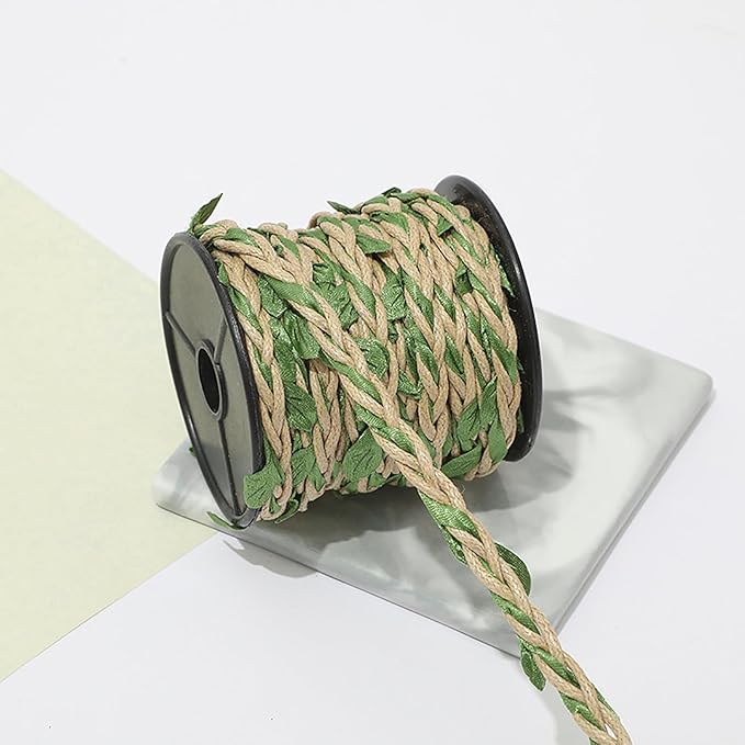 33ft Waxed Twine with Green Leaves, 3-ply Waxed Cord, Artificial Leaves Waxed String for Crafts and Decor (Natural Color Waxed Twine)