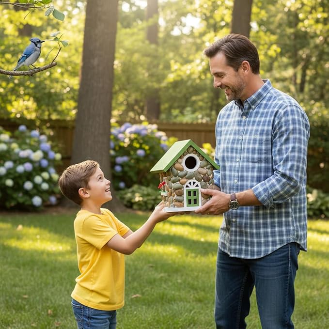 Masterpiece Bluebird House For Outside Clearance,Hanging Bird House for Outdoor, Stone Villa, River Pebbles Birdhouse for Outside, Garden Statue Solid Wood Longtime Lasting, Post Pole Mountable