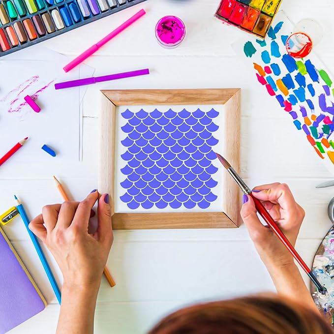 16 PCS 6 Inch Checks Diamond Stencils, Brick Mermaid Scale Reusable Plastic Paint Templates for Painting on Wood, Geometric Star Shape Stencils for Furniture Fabric Wall DIY Crafts Decorations