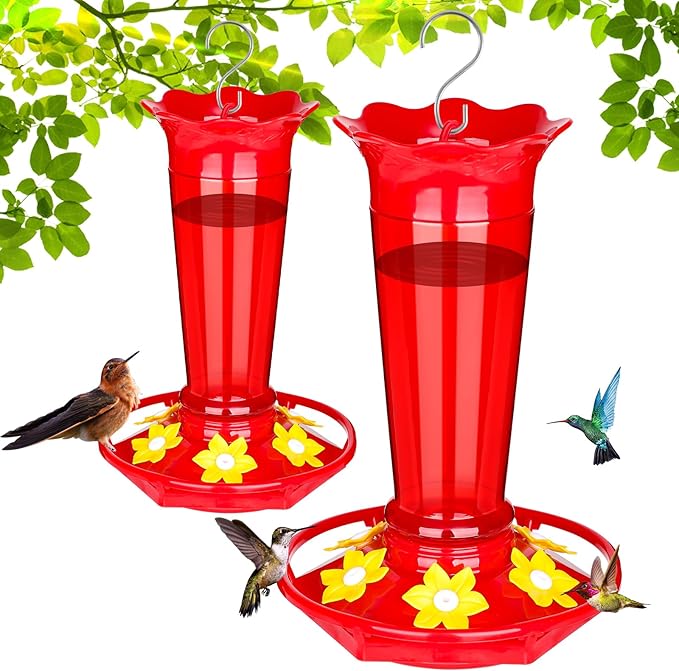 FEED GARDEN 10oz Plastic Hummingbird Feeders for Outdoors - 2 Pack Red, Ant & Bee Proof, 6 Feeding Ports, Easy Clean Red Nectar Feeders for Outside Hanging, Gifts for Christmas, Mom