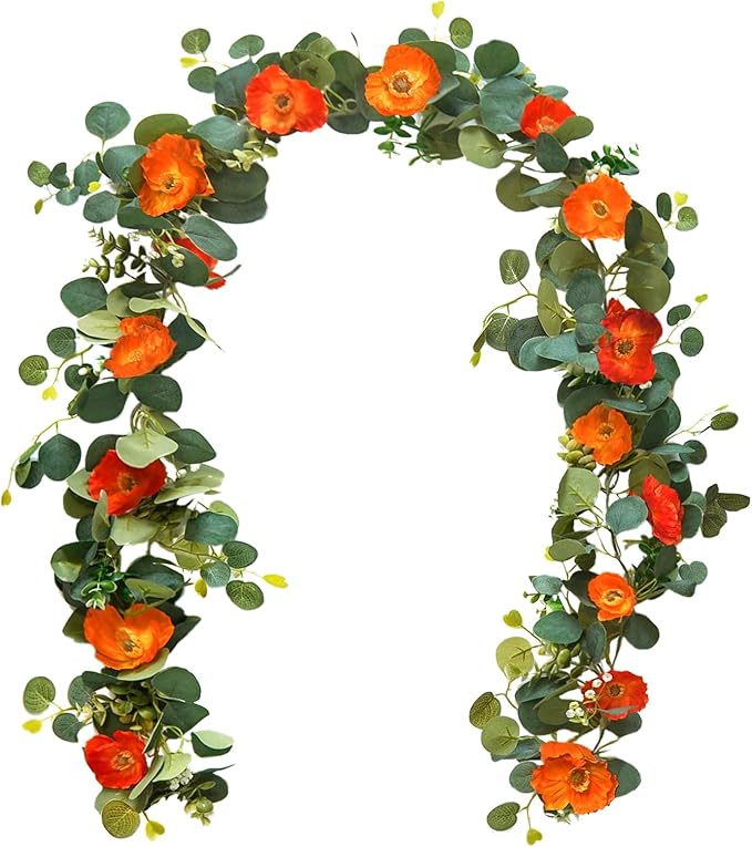 5.74 FT Artificial Poppies Flower Garland, Floral Garland Greenery Vines with Eucalyptus Hanging Flowers Vines for Home Wedding Mantle Table Outdoor Decor (Orange)