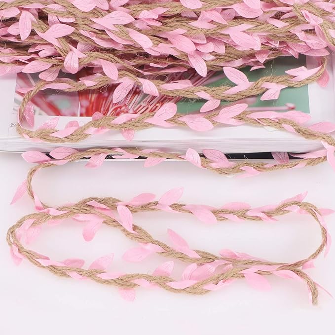 Soleebee 33 Feet 11 Yards Natural Hemp Jute Twine Burlap Leaf Trim Ribbon, Perfect Decorated Vine for DIY Craft Party Wedding Home Garden Decoration (Pink)