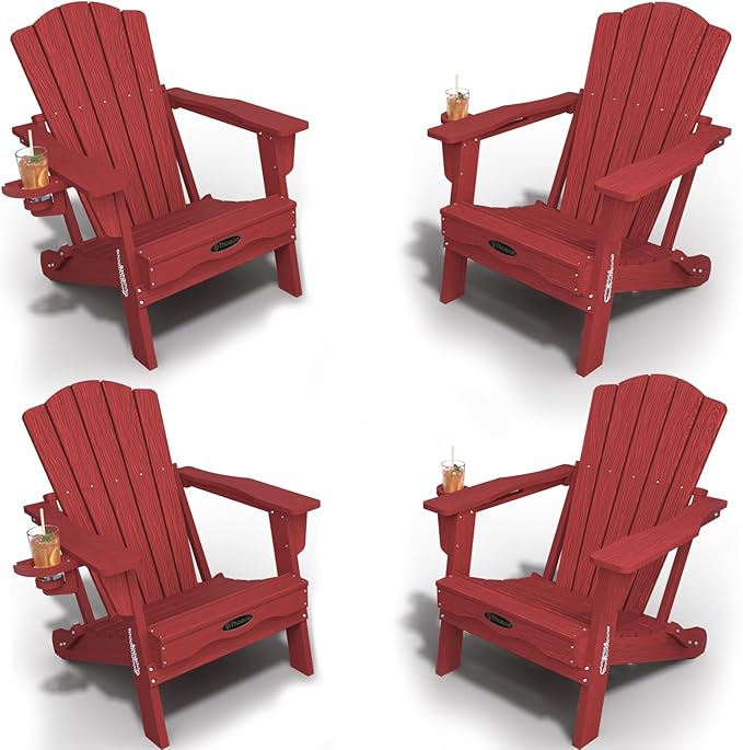 Folding Adirondack Chair Set of 4,HDPE All-Weather Outdoor Chair with Cup Holder,Wooden Textured,Fire Pit Chair,Plastic Patio Chair for Deck,Backyard,Garden,Lawn(Red)