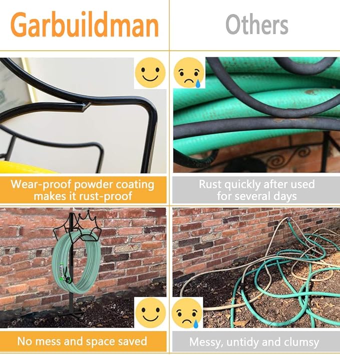 Garbuildman Freestanding Garden Hose Stand Holder - Metal Water Pipe Reel Rack for Outdoor, Shiny Black