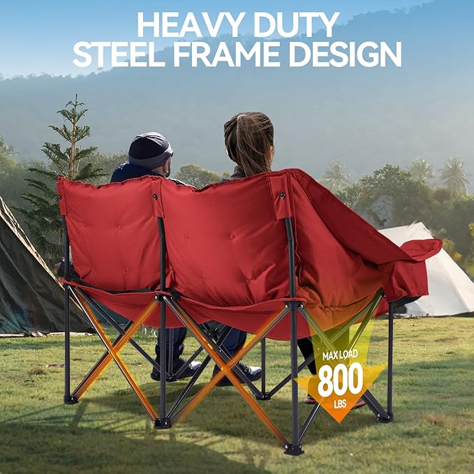 Double Camping Chairs Padded Loveseat Chair for 2 Person - Heavy Duty Oversized Camping Couch for Adults Outdoor Lawn Beach - Portable Folding Sofa with Cup Holders and Carry Bag, Red
