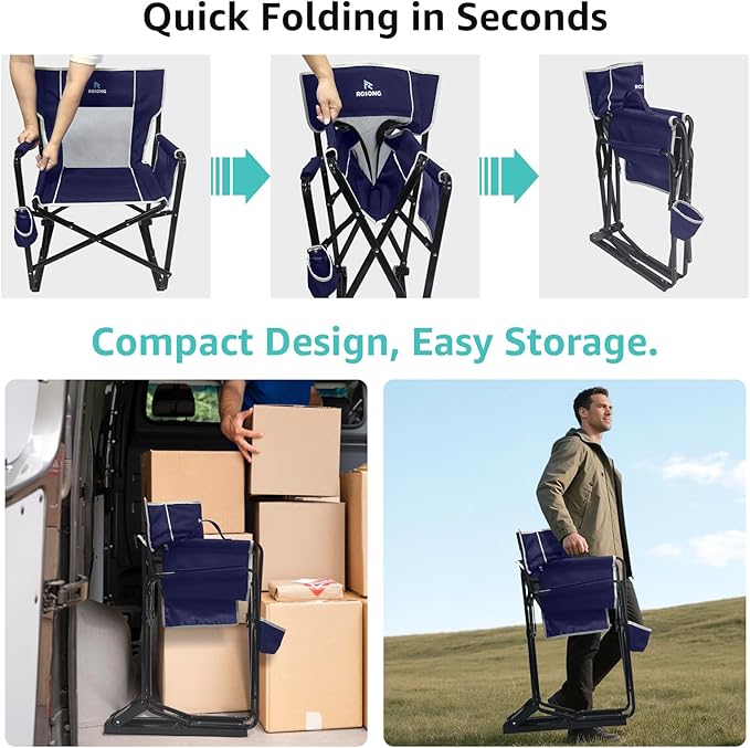 Rocking Camping Chair Rocker, Folding Chair Lawn Chairs with Cup Holders Foldable Outdoor Freestyle Navy Blue