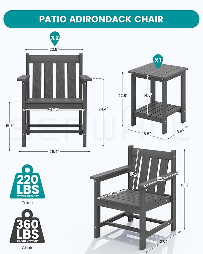 SEWRWALL Patio Furniture Set, HDPE Material All Weather Use Adirondack Chair Set with Side Table for Balcony, Porch, Garden, Backyard- Gray