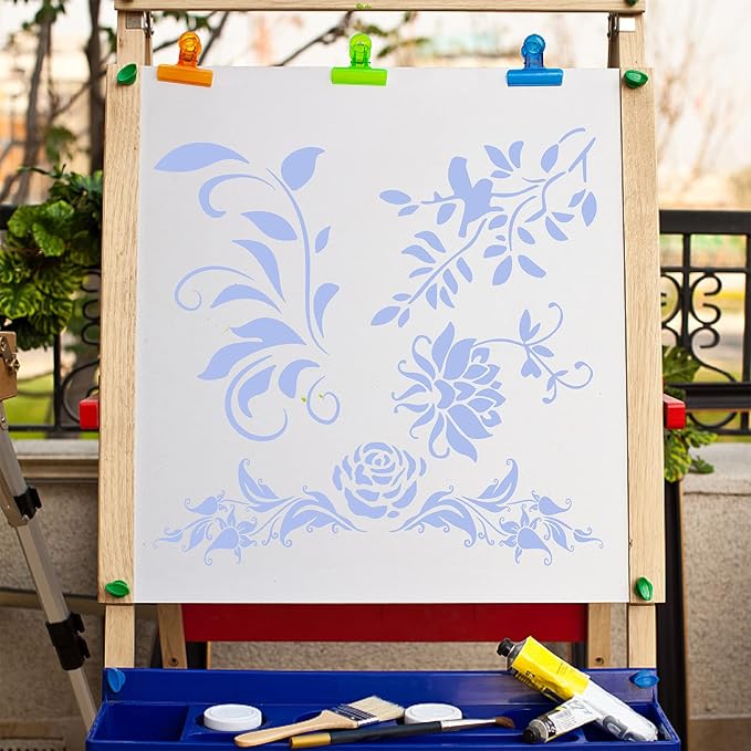 GORGECRAFT Large Rose Vines Stencil Flowers Stencils for Painting on Wood 12x12 Inch Reusable Floral Bird Plastic Decoration Template for Painting on Canvas Fabric Wall Furniture DIY Home Décor