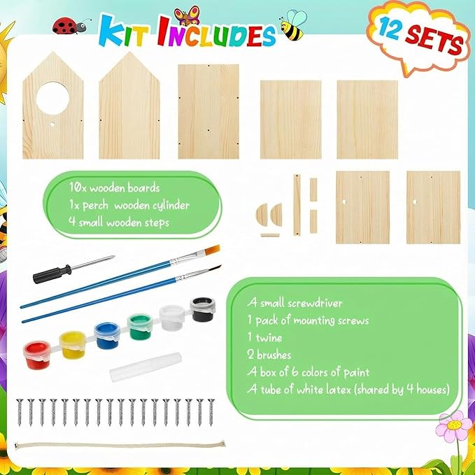 Liliful 1 Pack Birdhouse Kit DIY Wooden Bird House with Paint and Paintbrushes Arts and Crafts Painting Kits for Boys Girls Adults Build Paint Classroom Birthday Indoor Outdoor Craft