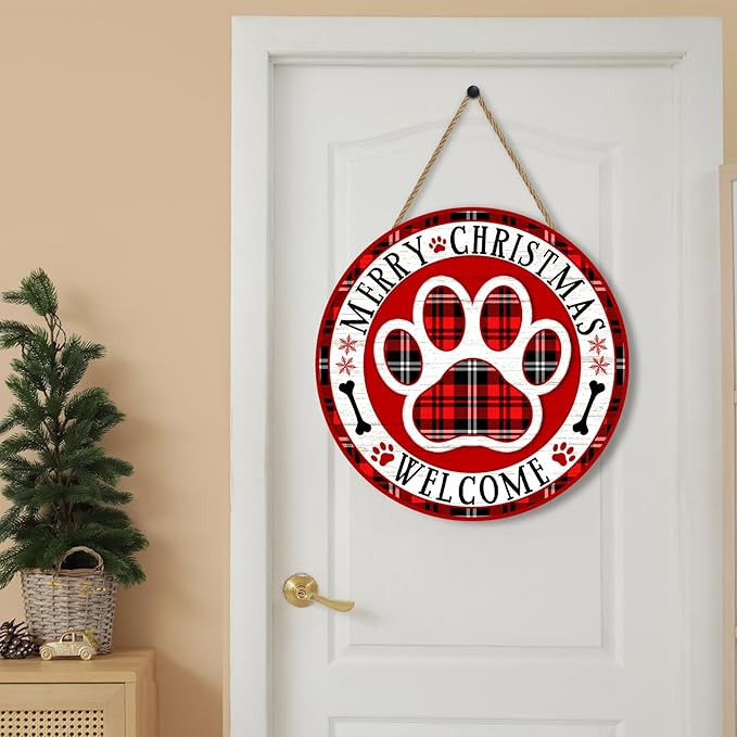 Christmas Dog Paw Welcome Door Sign for Front Door Decor, Pet Red Plaid Wooden Hanging Plaque Farmhouse Rustic Outdoor Indoor Wall Decoration for Home Porch Yard Winter