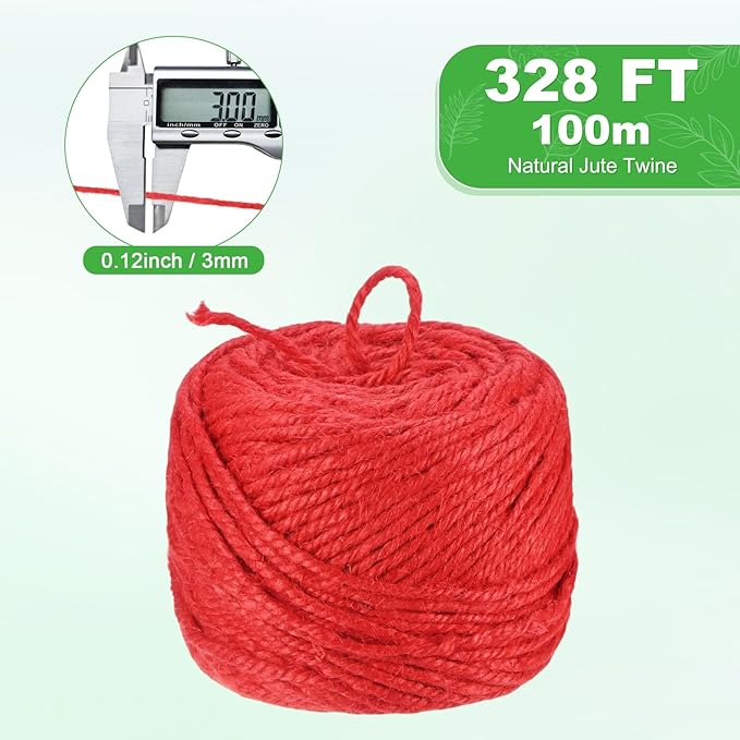 1-Pack Natural Jute Twine String, 3mm x 328ft/100m Long Garden Twine Balls for Crafts/Gift Wrapping/Gardening Plants, Durable Plant Ties Thick Rope [Red]