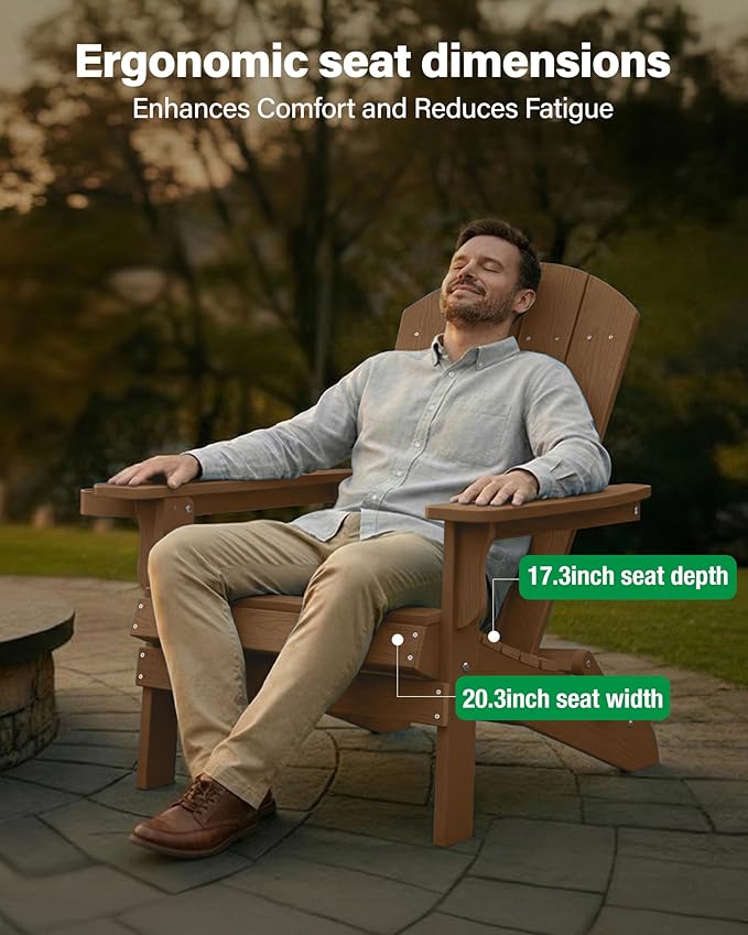YEFU Adirondack Chair, Oversized Plastic Adirondack Chair Folding Outdoor Chairs with Cup Holder, Lawn Chair with Weather Resistant for Outside Deck Lawn Garden, Weight Capacity Up to 400 Lbs(Teak)