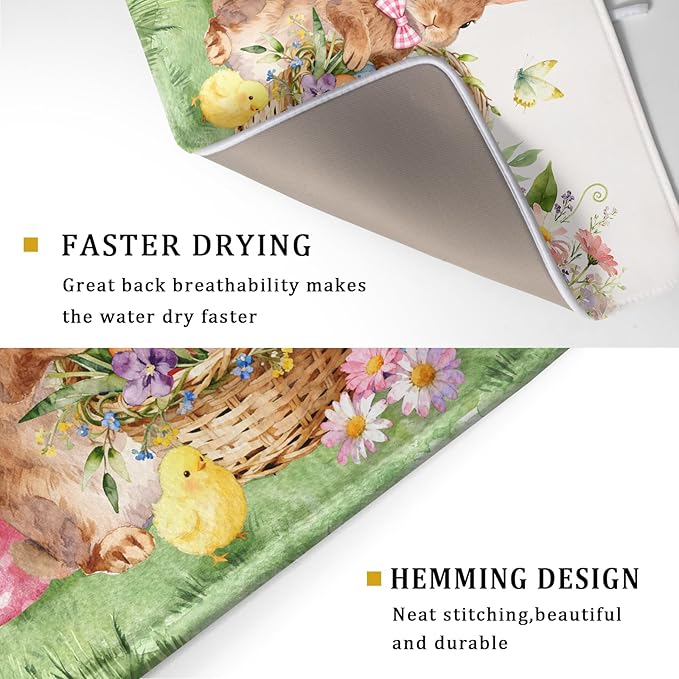 Easter Bunny Eggs Dish Drying Mat for Kitchen Counter 18x24 Inch Spring Flowers Large Microfiber Dish Drainer Rack Mats