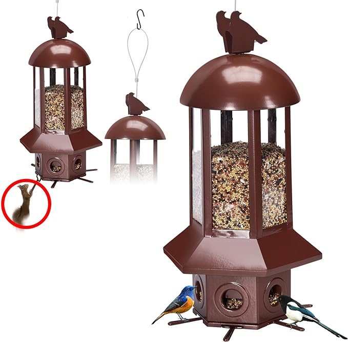 Professional Squirrel Proof Bird Feeders - Sorflife Large Capacity 5.06 lbs, Reliable and Rust Resistant Metal Bird Feeding Station for Prevents Squirrels from Stealing Food and Easy Refilling Brown