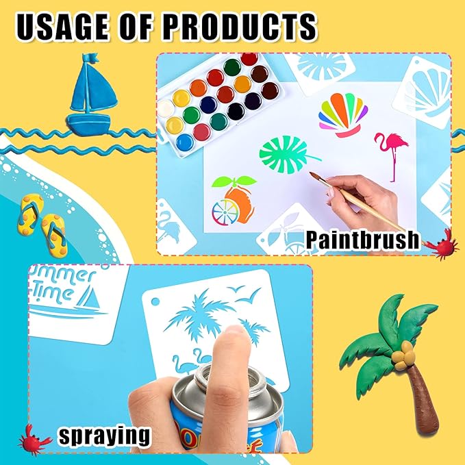 Augshy Beach Stencils, 56 Pack Summer Beach Wood Hawaiian Ocean Life Stencils for Scrapbooking Drawing Wall Floor Decor DIY Rock Painting Art Projects (3 Inch)