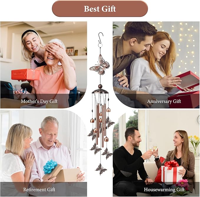 Butterfly Wind Chimes for Outside, Decorative Wind Chimes with 4 Aluminum Tubes Hanging Bells, Memorial Windchimes Outdoors with S Hook for Patio Garden Decor, Birthday Gifts for Mom Grandma