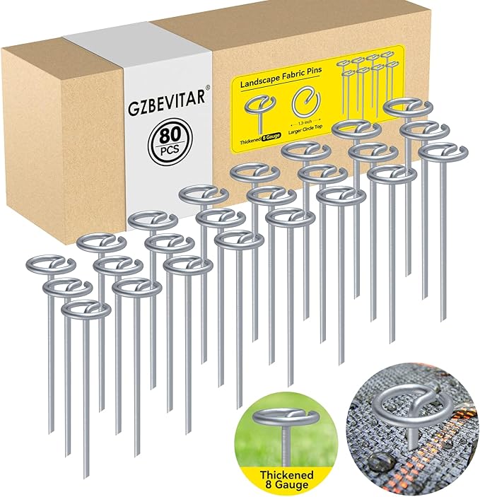 Landscape Fabric Pins, Thickened 8 Gauge Circle Top Landscape Pins, Not Easy to Bend 6 inch Galvanized Landscape Fabric Stakes, More Holding Power Garden Staples (80 Circle Top)