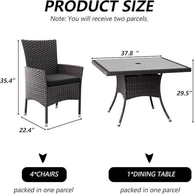 Kullavik 5-Piece Outdoor Dining Set Patio Rattan Furniture Set,Patio Dining Table and Chairs Set with 4 Chairs and Cushions,Square Glass Tabletop with Umbrella Hole for Patio,Grey