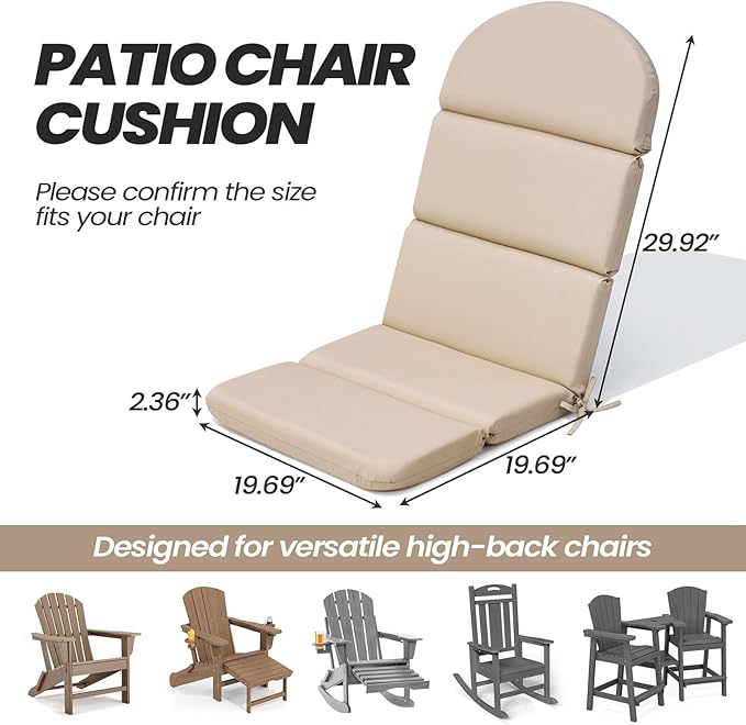Crestlive 50x19.6 Inch Adirondack Chair Cushion Set of 2, Waterproof, Fade Resistant, High Back Outdoor Rocking Chair Cushion for Patio, Beige