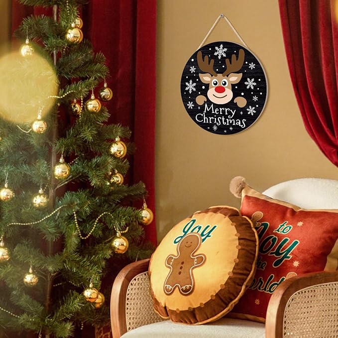 CHDITB Merry Christmas Sign,Reindeer Welcome Wood Sign, Farmhouse Round Xmas Wooden Sign,Funny Winter Wooden Door Hanger Decorative,Funny Holidays Deer Face Wooden Front Door Hanger