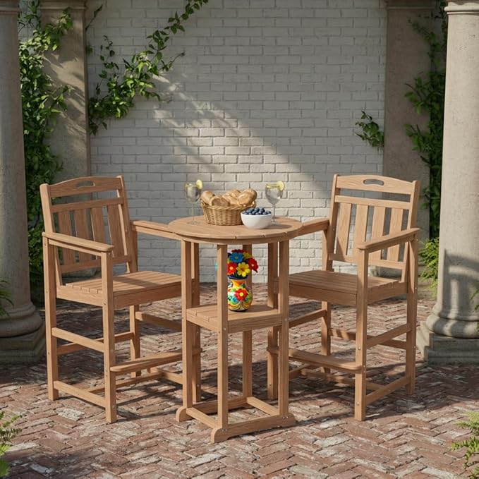 Ciokea 3-Pcs Bistro Table and Chairs, All-Weather Round High Top Bar Table with Storage Shelf and 2 Oversized Adirondack Chairs, Heavy Duty Outdoor Bar Set Patio Bistro Set for Balcony Deck, Teak
