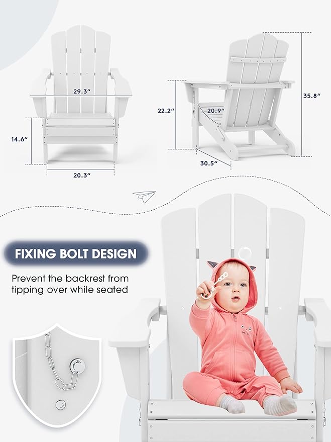 KINGYES Folding Adirondack Chair, HDPE All-Weather Patio Chairs, Wooden Textured Lawn Chair for Poolside, Backyard, Deck, Fire Pit, White