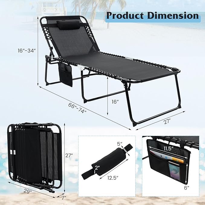 GYMAX Lounge Chair for Outside, 440lbs 27” Oversize Folding Beach Tanning Sunbath Chair with Adjustable Backrest & Removable Pillow, Lightweight Portable Patio Lounger for Lawn Poolside (2, Black)