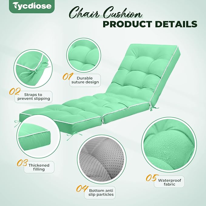 Outdoor Chaise Lounge Chair Cushion, Waterproof Non-Slip Patio Chaise Lounge Cushions for Outdoor Furniture, Thickened Patio Pool Lounger Chair Cushion, 76.4 x 22.8 x 4.7 Inches, Cyan