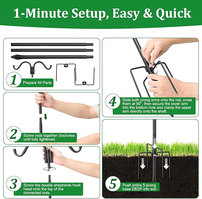 Double Shepherds Hooks for Outdoor, 78 Inch Adjustable Bird Feed Pole with 5 Prongs Base, Heavy Duty Shepherds Hook for Bird Feeder, Bird House, Light Plant, Wind Chime, Hummingbird Feeder, Lantern
