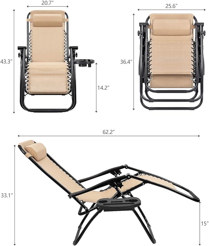 Flamaker Patio Zero Gravity Chair Outdoor Recliners Folding Lounge Chair Adjustable Lawn Lounge Chair with Pillow for Poolside, Yard and Camping (Beige)