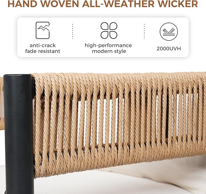Grand patio 5-Piece Outdoor Dining Set for 4, Metal Woven Wicker Fixed Patio Chairs with Thickened Cushions & 1 Square Woodgrain Dining Table with Umbrella Hole for Backyard Deck (Natural)