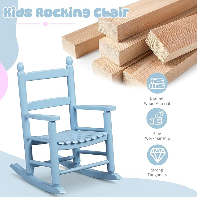 Outvita Kids Rocking Chair, Ergonomic Sturdy Toddler Rocking Chair with High Backrest & Rounded Armrests, Safe Solid Wood Baby Rocker Chair for Age 3-6, Outdoor,Living Room, Reading Room(Blue)