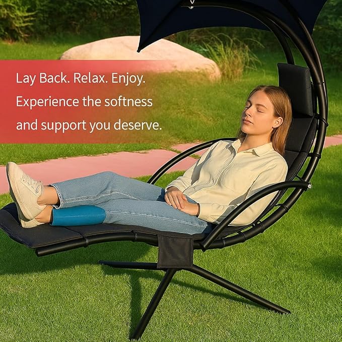Outdoor Hanging Lounge Chair Cushion with Umbrella – High-Resilience Sponge, Side Pocket, Fade-Resistant, Patio Curved Chaise Hammock Swing Lounger Cushion Pad（Navy Blue）