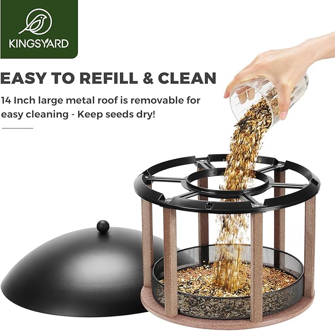Kingsyard Large Platform Bird Feeder for Outside, Tray Bird Feeder with Weather Protective Dome & Universal Pole Kit, 5 lbs Seed Capacity, Brown